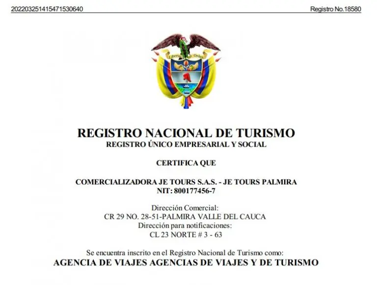 Registro nacional de turismo je tours Palmira